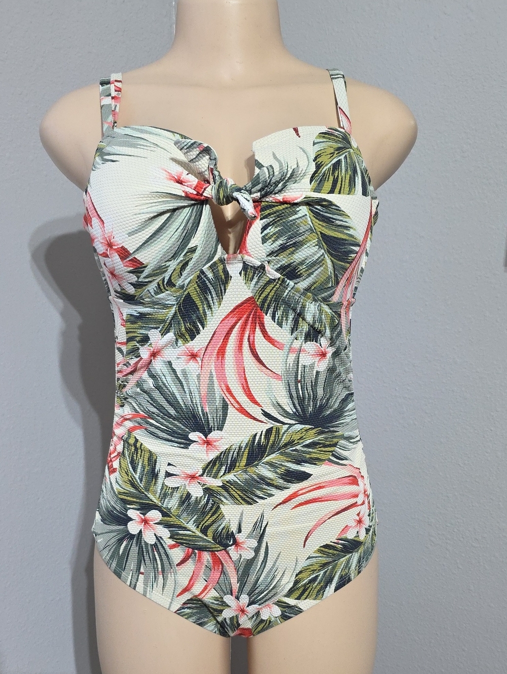 Kona Sol Cream One-Piece Swimsuit with Coral and Green Tropical Print Size L